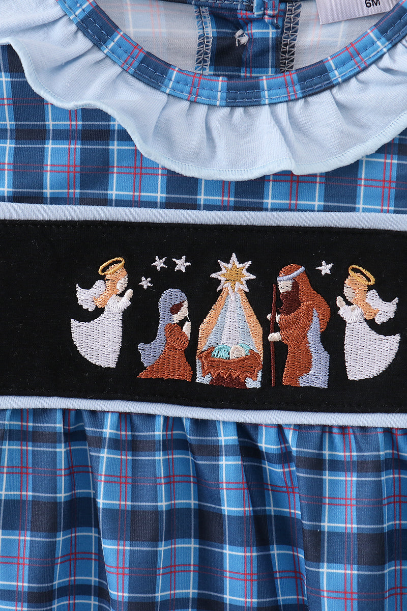 Navy nativity embroidery plaid ruffle bubble