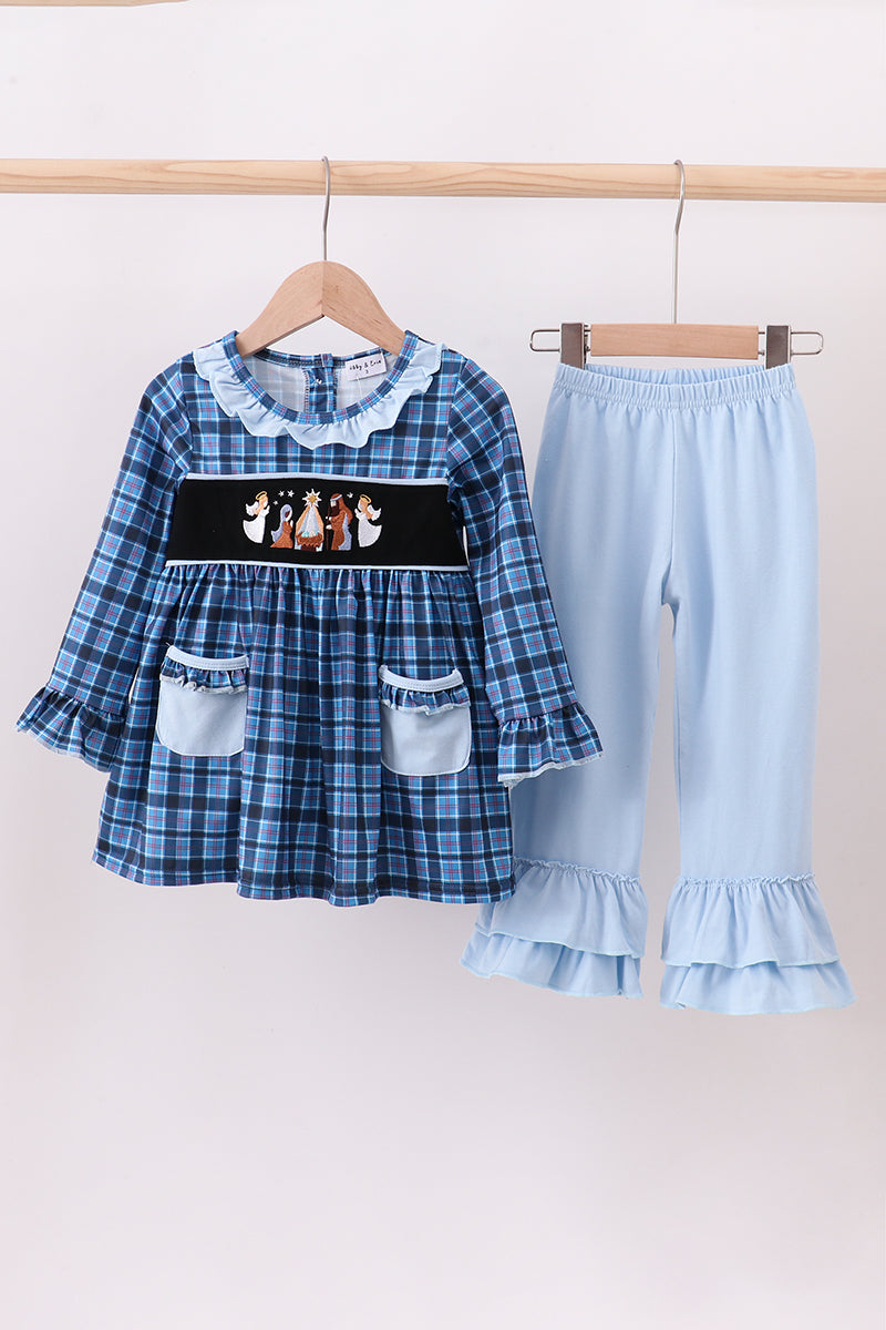 Navy nativity embroidery plaid ruffle pants set