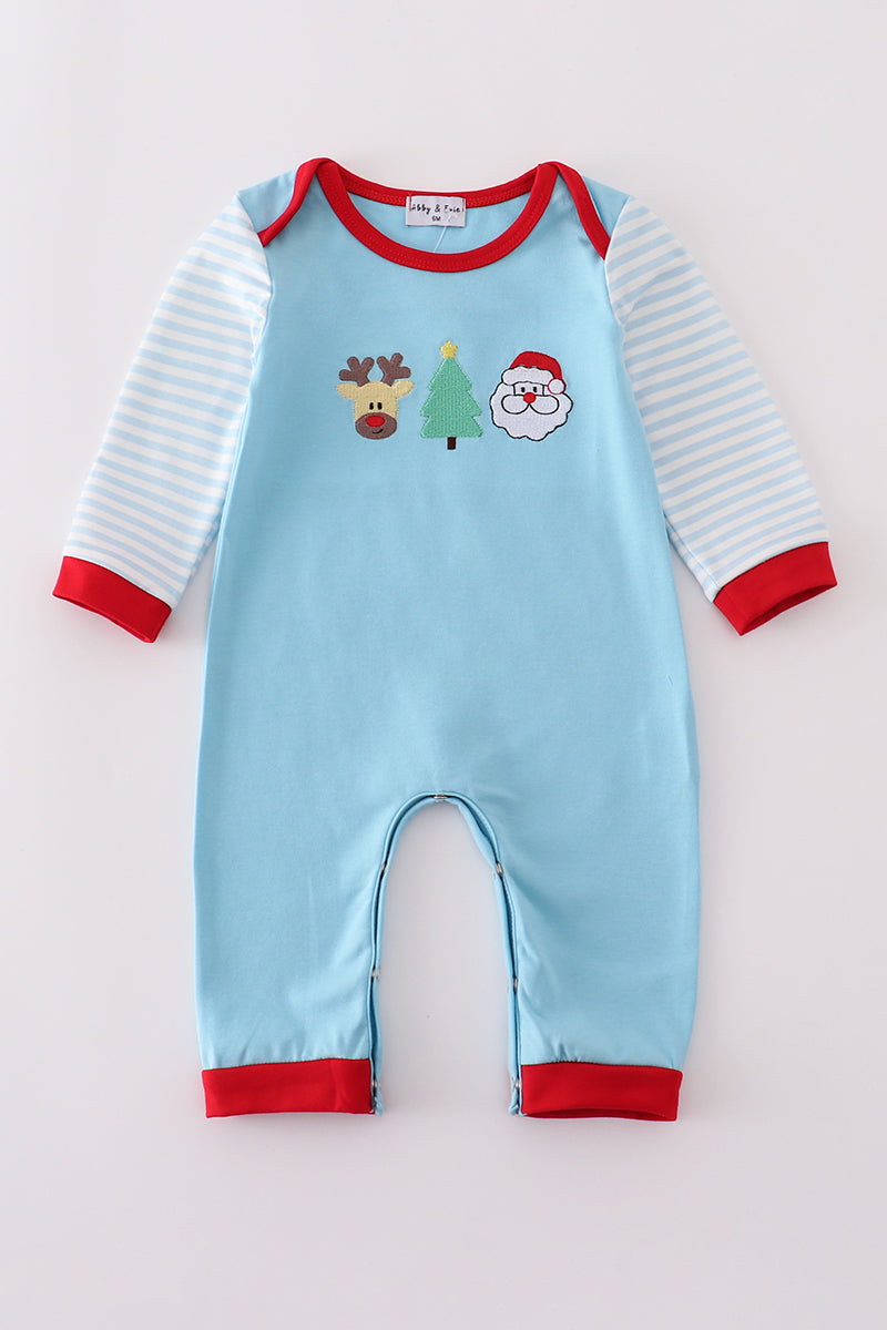Blue deer tree santa embroidery romper