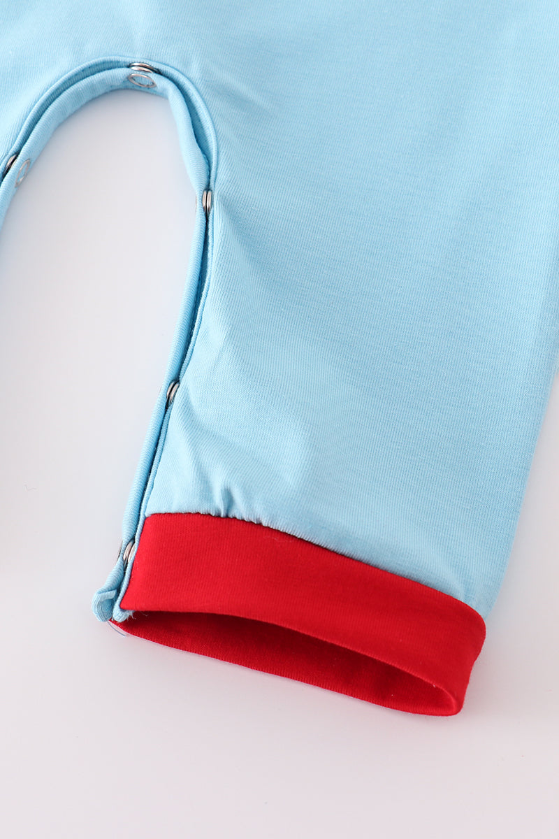 Blue deer tree santa embroidery romper