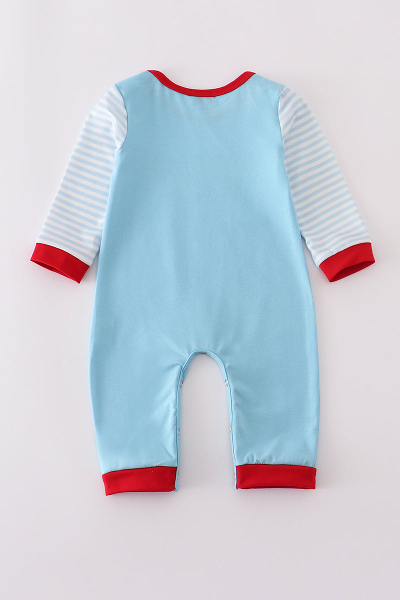 Blue deer tree santa embroidery romper