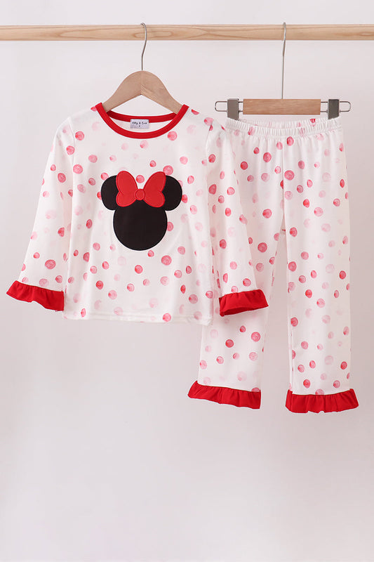 Red polka dot character applique pants set