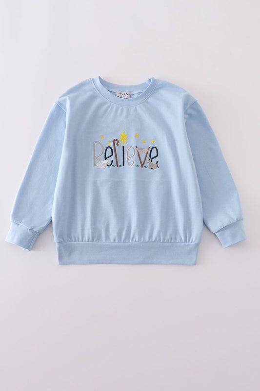 Blue believe embroidery top