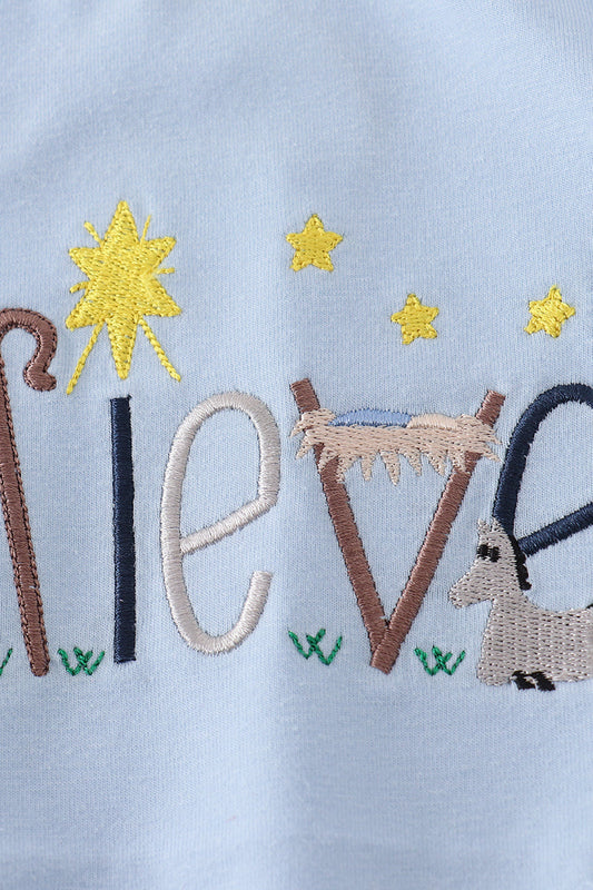 Blue believe embroidery top