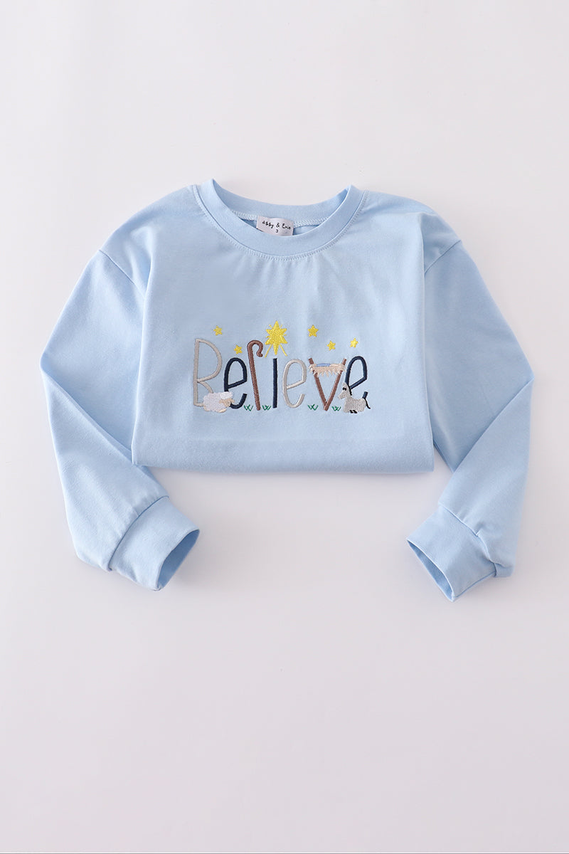 Blue believe embroidery top