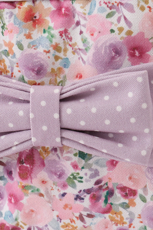 Purple floral print canvas bow lunch bag