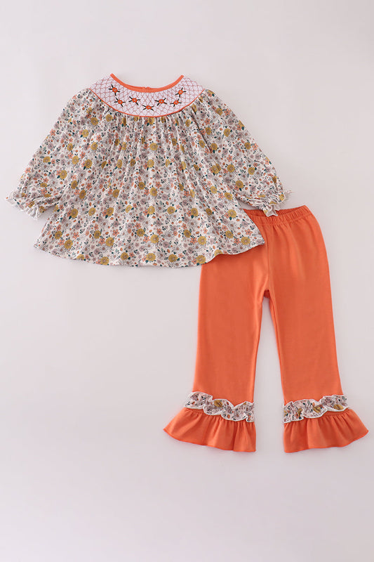 Floral smocked ruffle pants set
