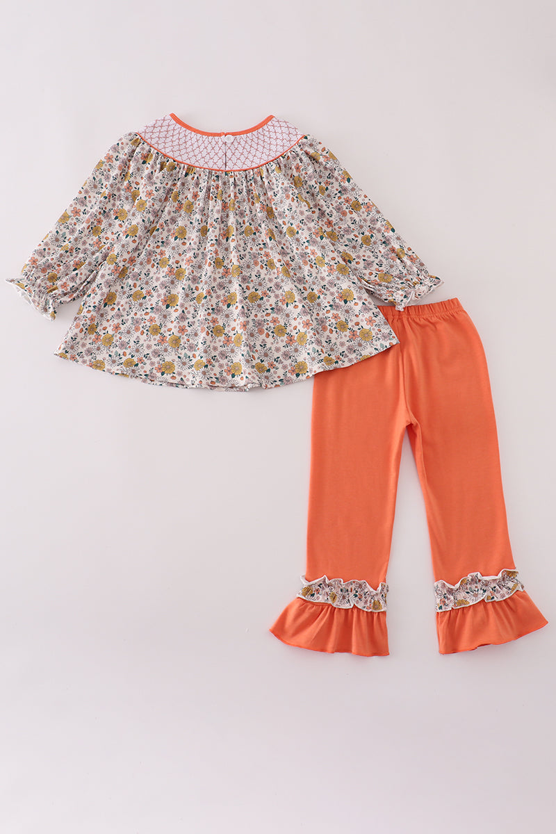 Floral smocked ruffle pants set