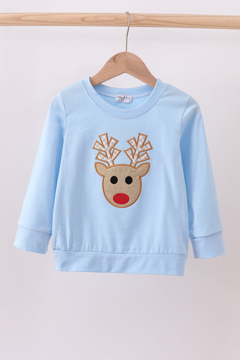 Blue reindeer applique top