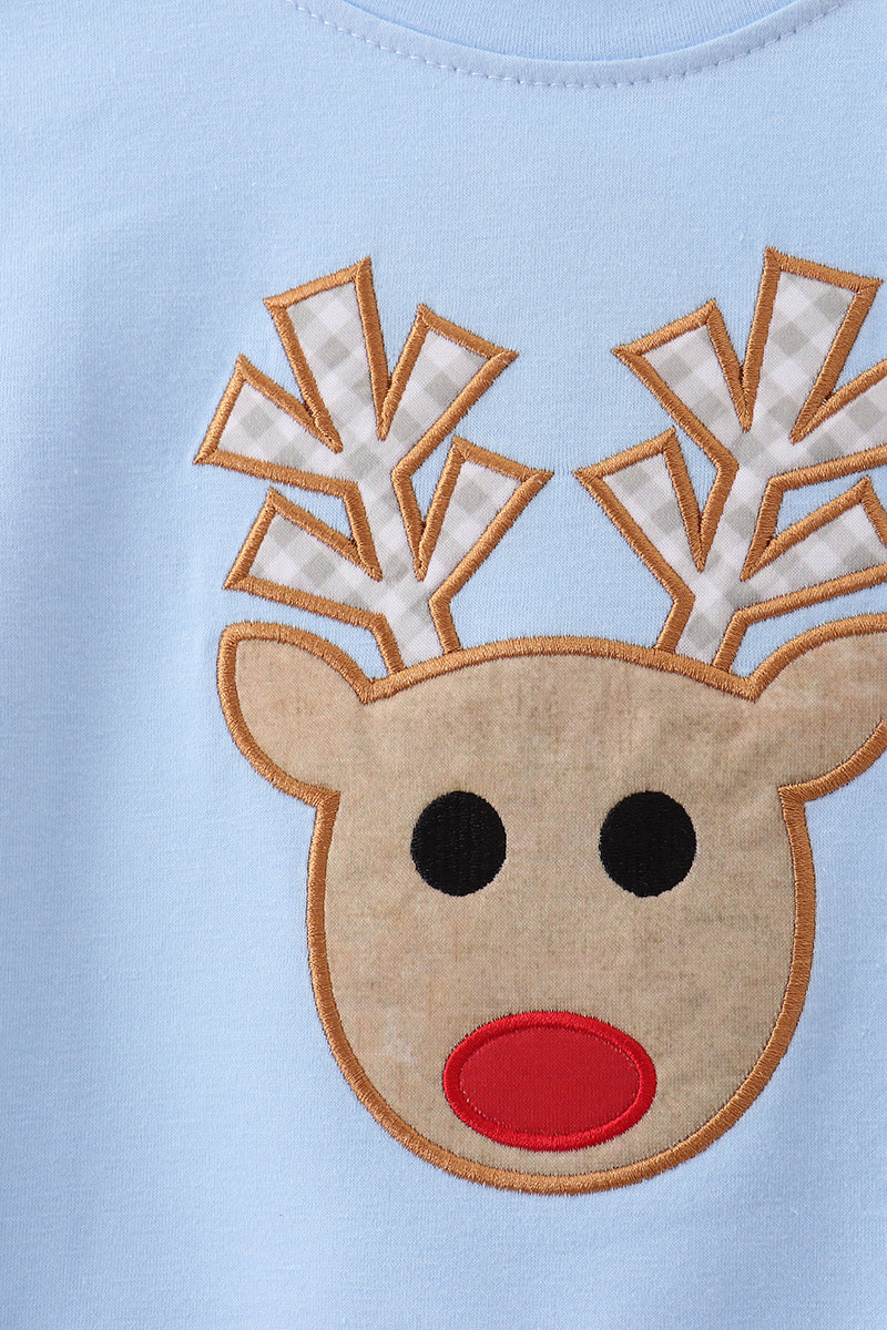 Blue reindeer applique top