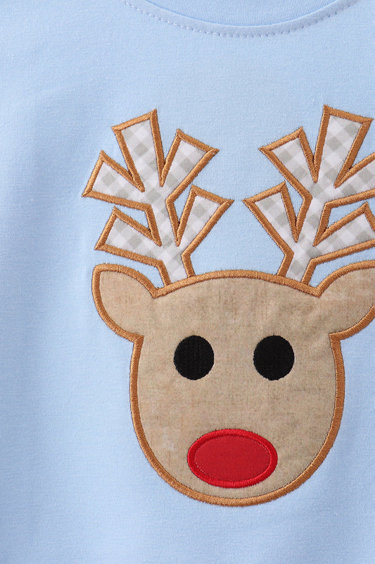 Blue reindeer applique top