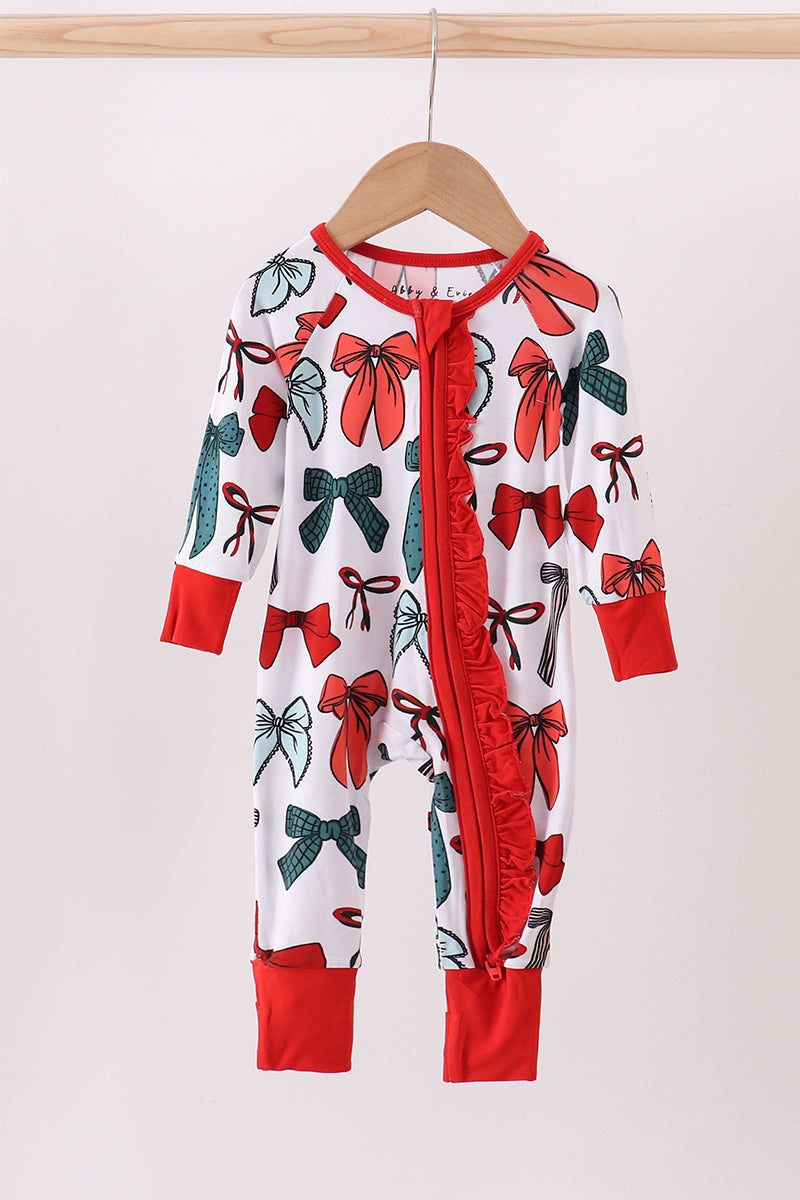 Red bow bamboo pajamas zipper romper