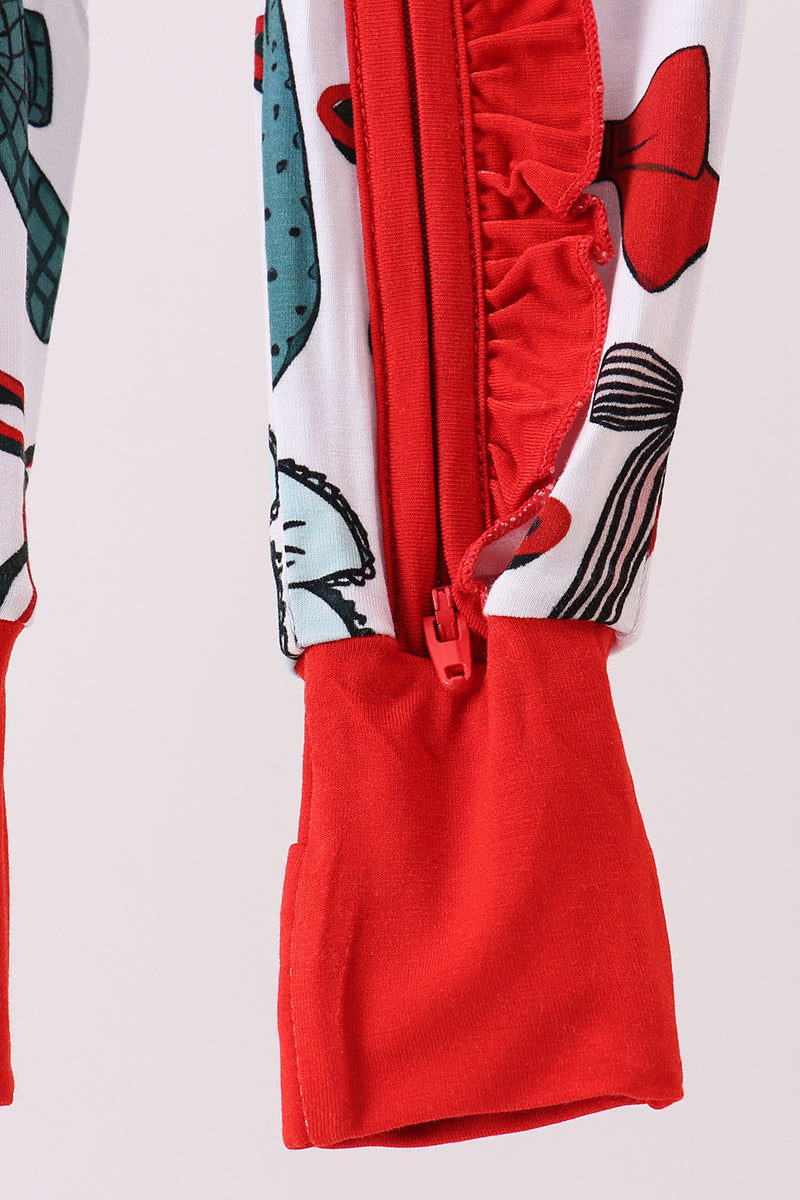 Red bow bamboo pajamas zipper romper