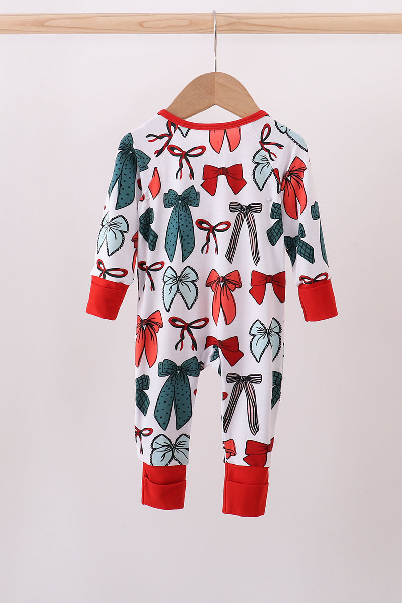 Red bow bamboo pajamas zipper romper