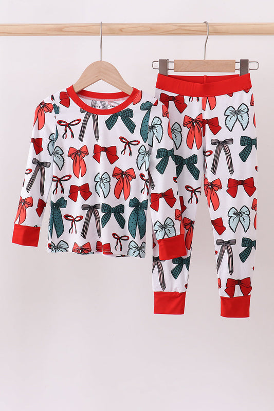 Red bow bamboo girl pajamas pants set