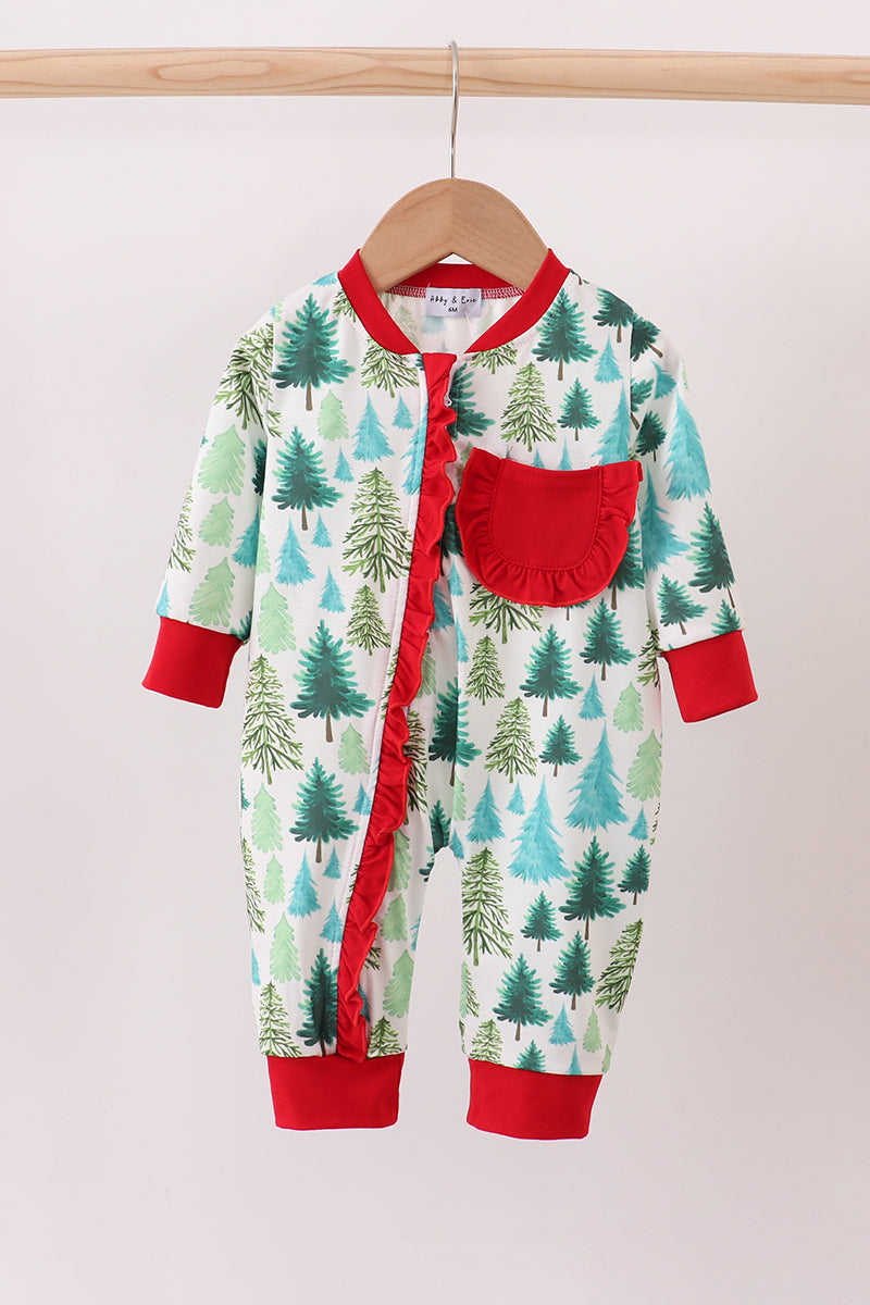 Green christmas tree print ruffle romper