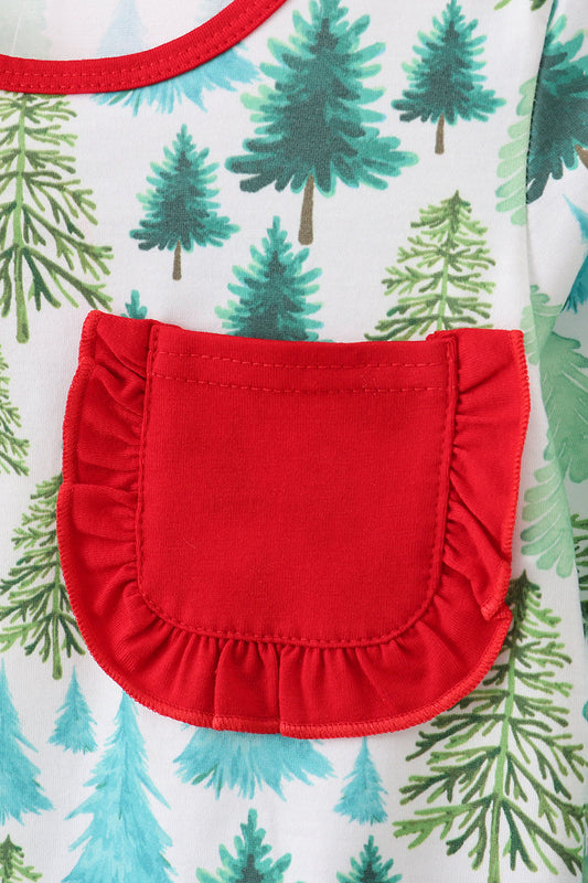 Green christmas tree print ruffle pajamas set