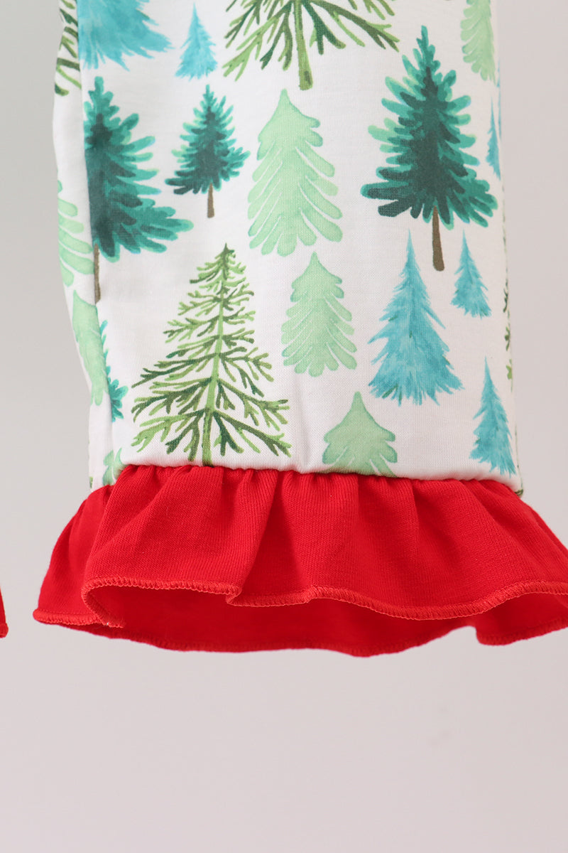 Green christmas tree print ruffle pajamas set