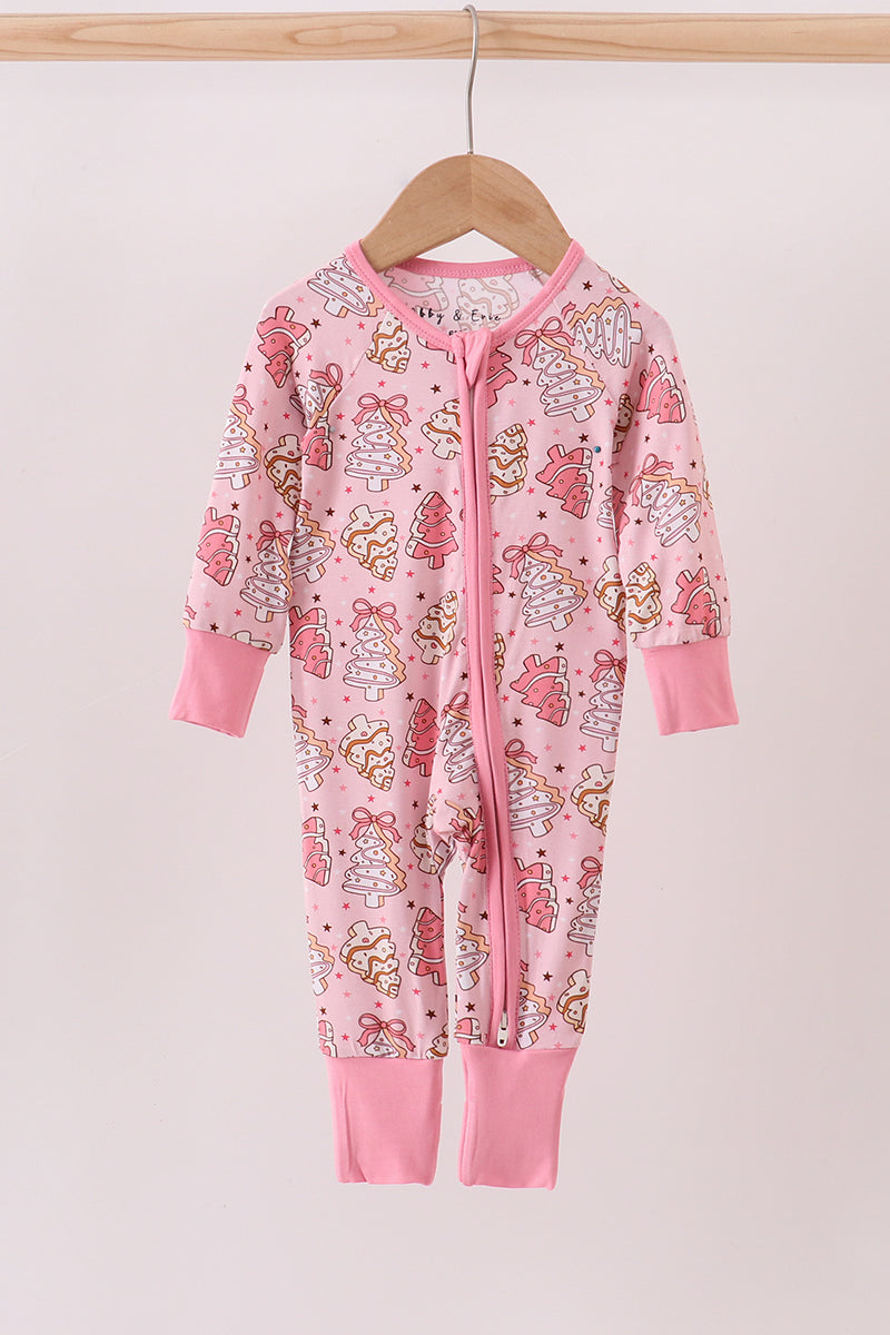 Pink christmas tree bamboo zipper romper