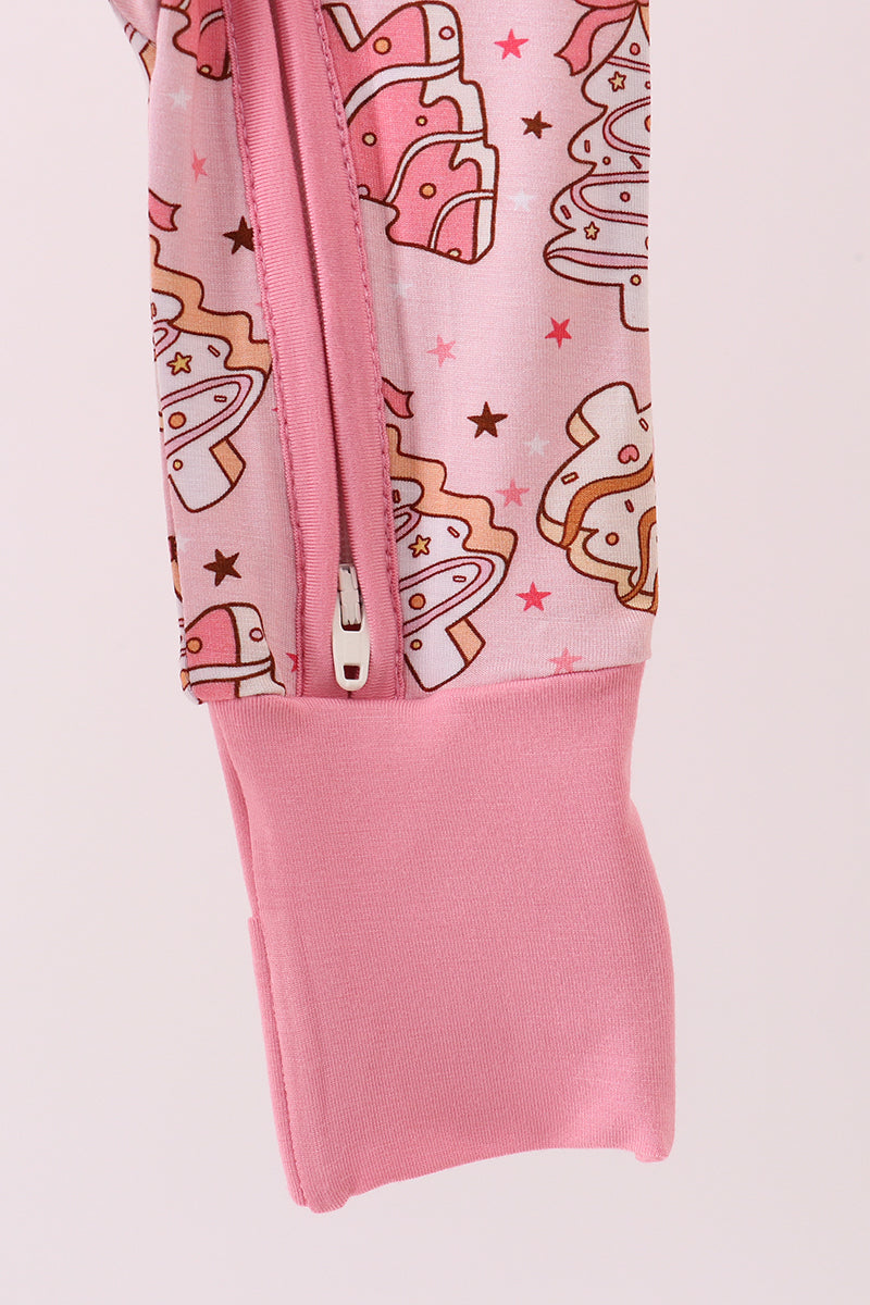 Pink christmas tree bamboo zipper romper