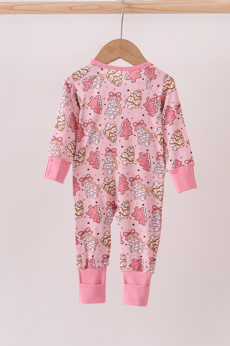 Pink christmas tree bamboo zipper romper
