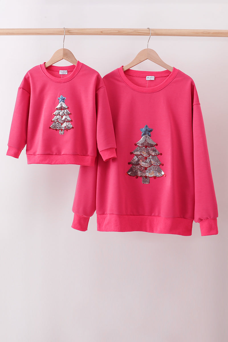 Megenta christmas tree sequin mom&me top