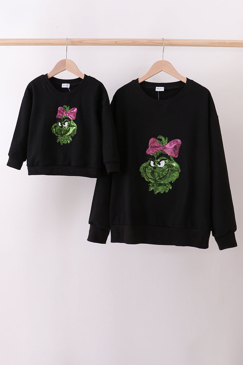 Black grinch sequin mom&me top