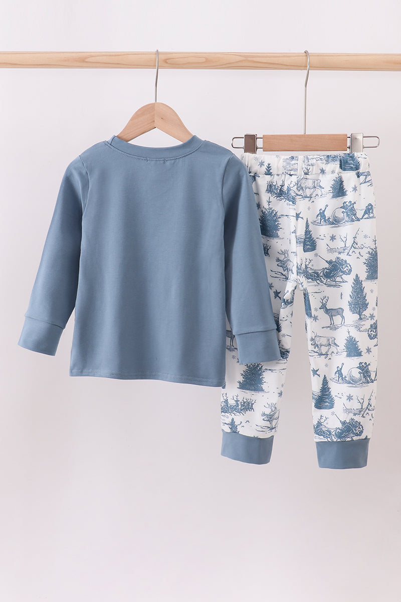 Blue christmas reindeer embroidery pants set