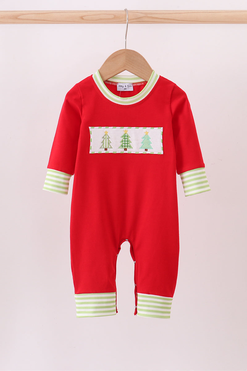 Red christmas tree embroidery romper