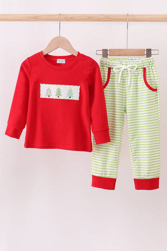 Red christmas tree embroidery pants set