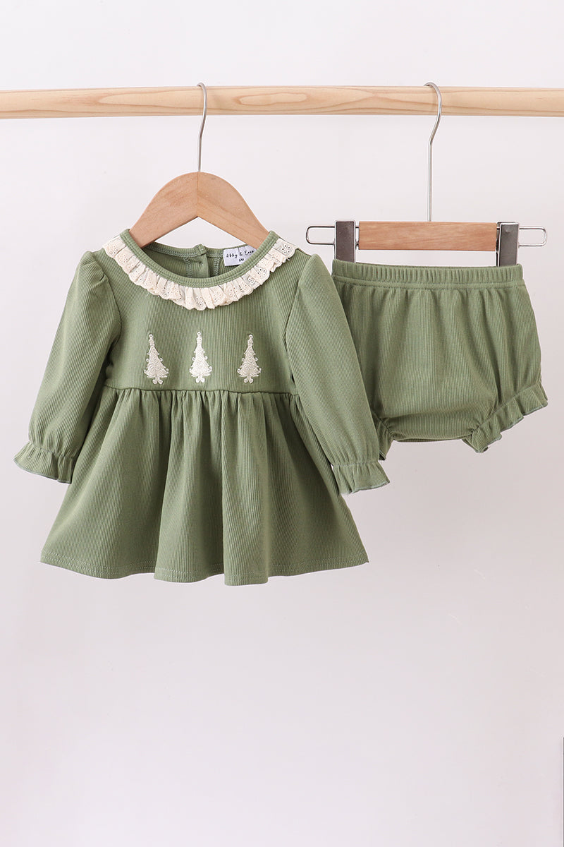 Green christmas tree embroidery ribbon ruffle bloomer set