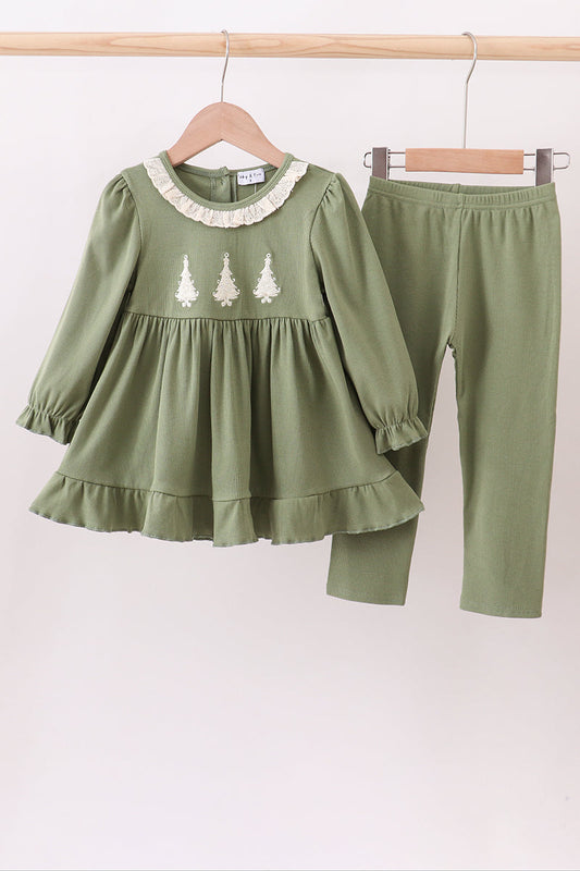Green christmas tree ribbon embroidery ruffle dress set