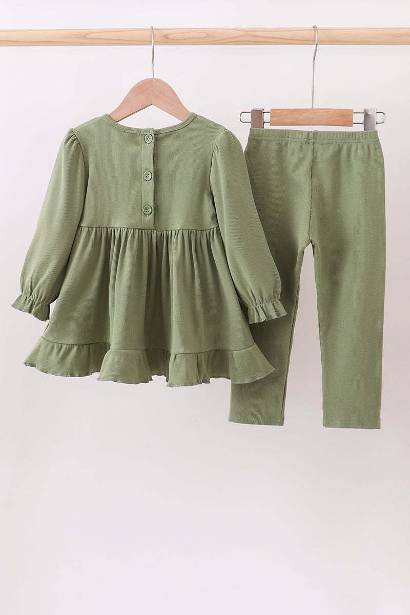 Green christmas tree ribbon embroidery ruffle dress set