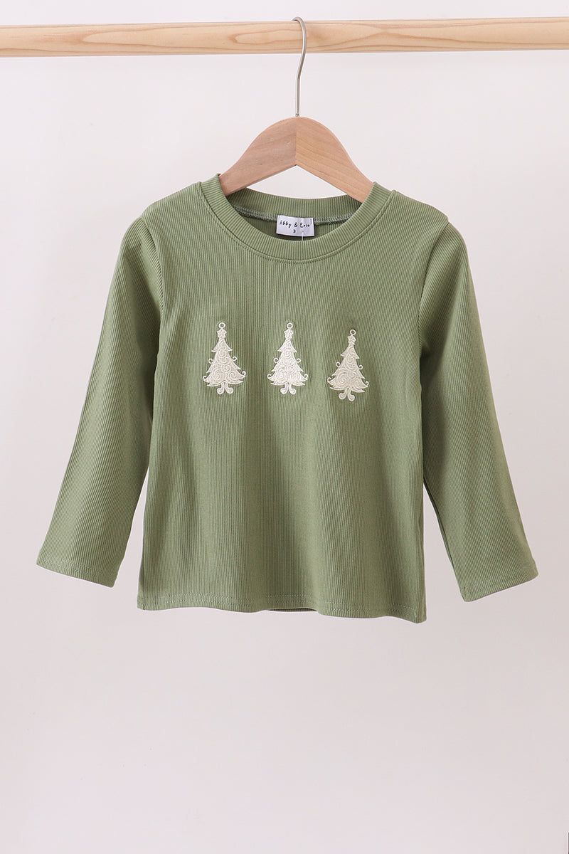 Green christmas tree ribbon embroidery top
