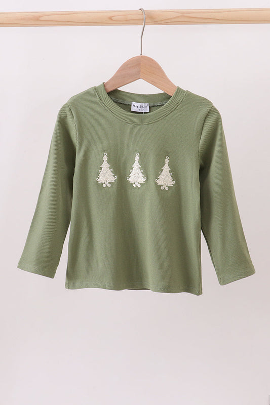 Green christmas tree ribbon embroidery top