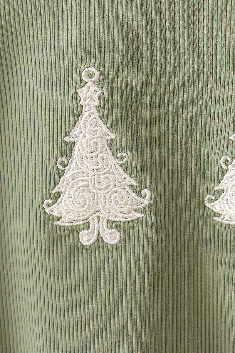 Green christmas tree ribbon embroidery top