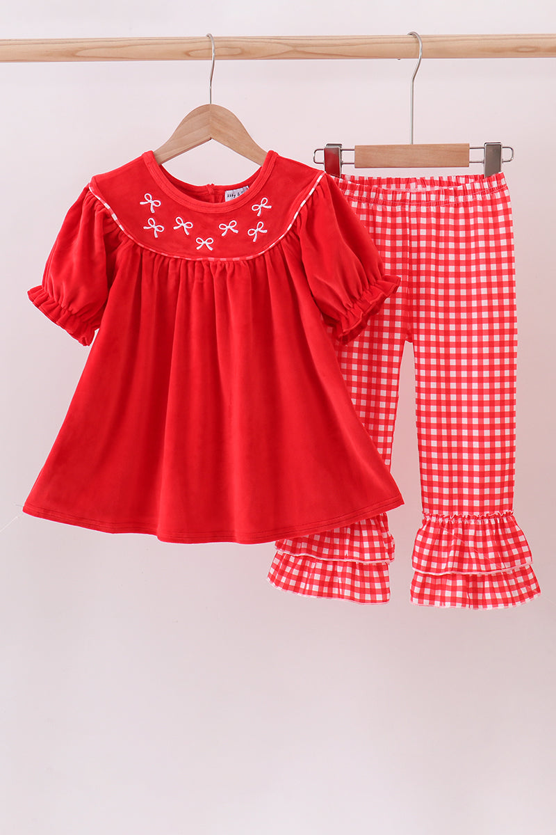 Red bow embroidery velvet ruffle pants set