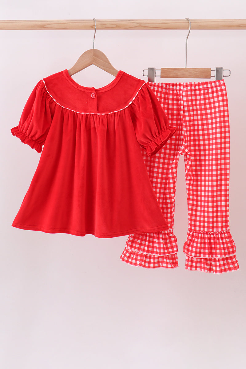 Red bow embroidery velvet ruffle pants set