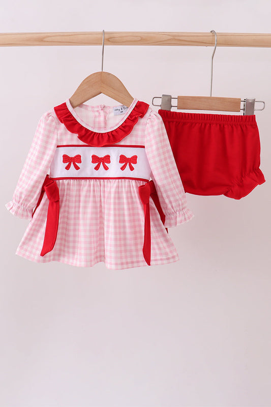 Pink bow embroidery gingham ruffle bloomer set