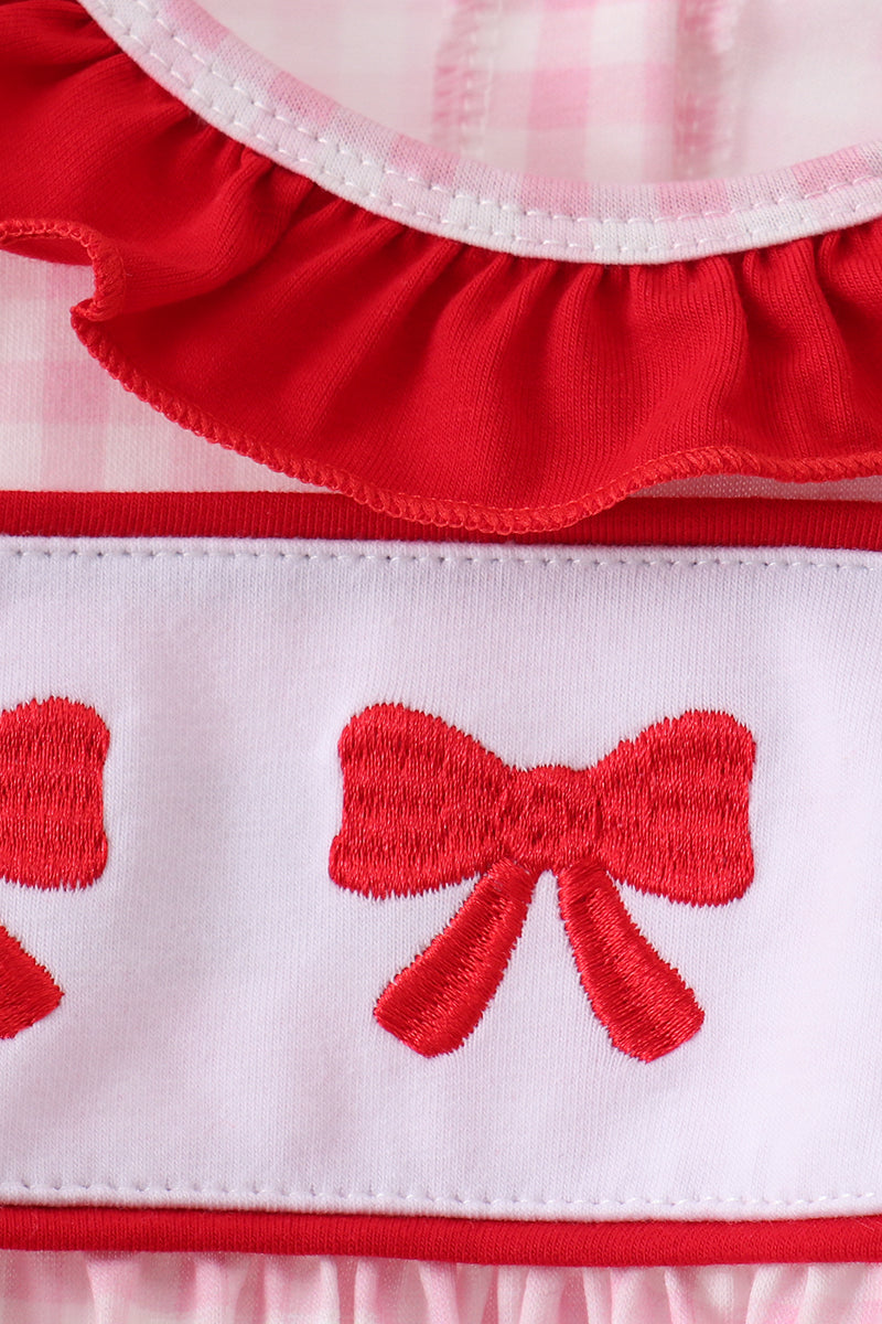 Pink bow embroidery gingham ruffle bloomer set