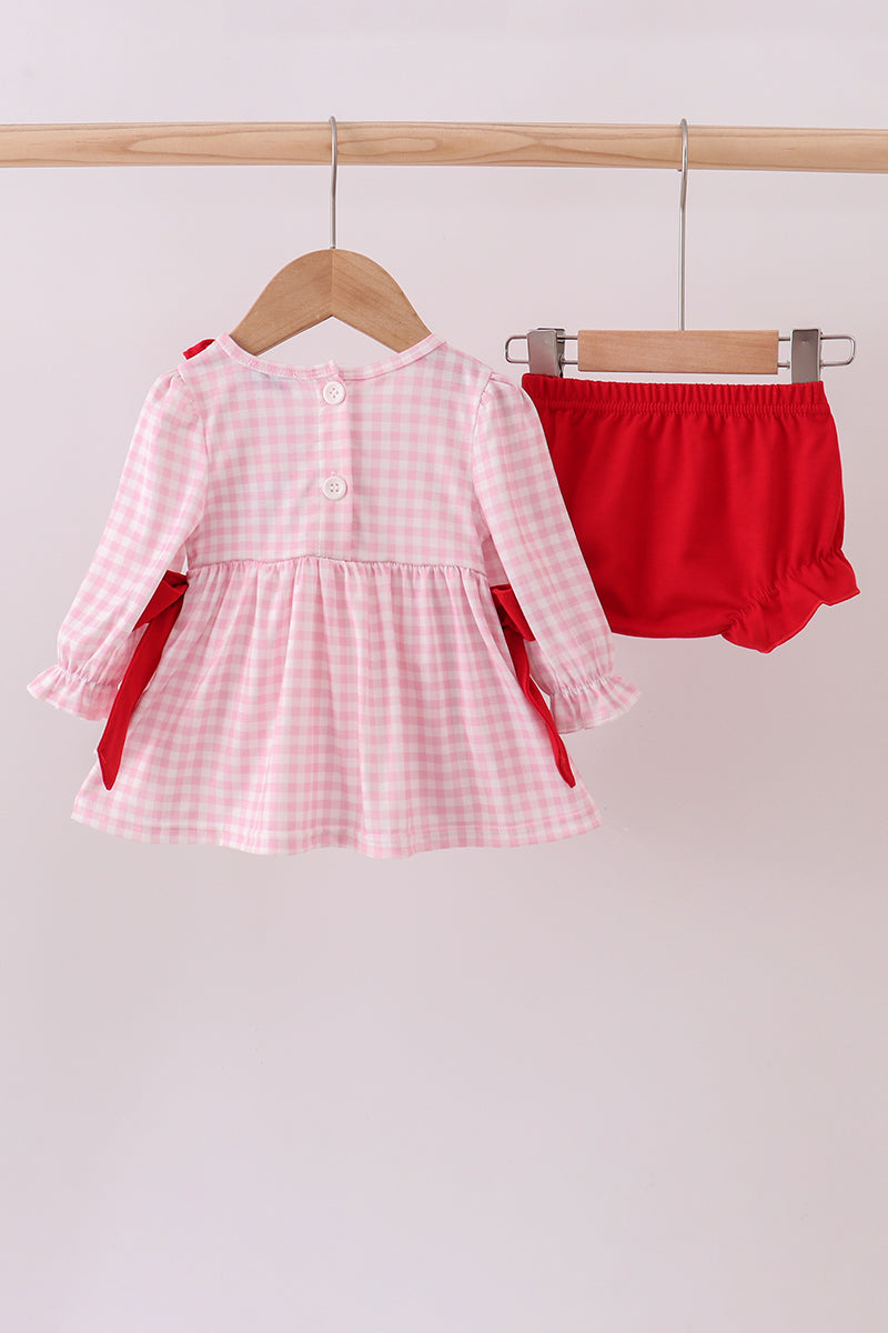 Pink bow embroidery gingham ruffle bloomer set