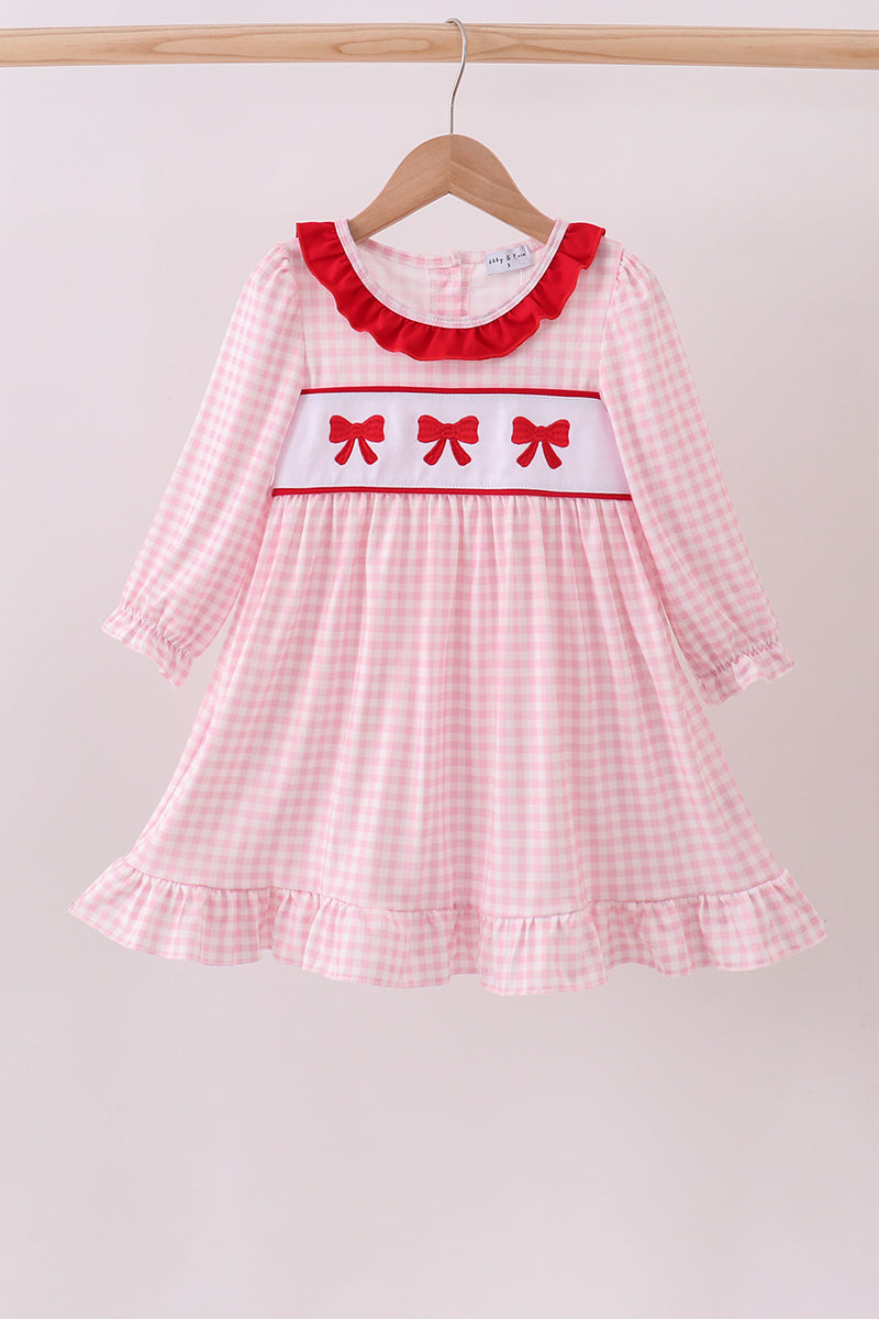 Pink bow embroidery gingham ruffle dress