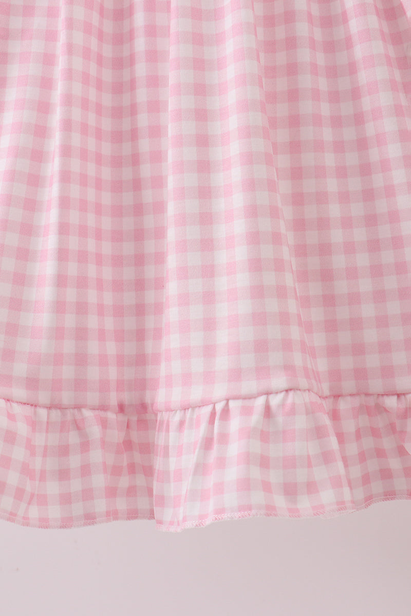 Pink bow embroidery gingham ruffle dress