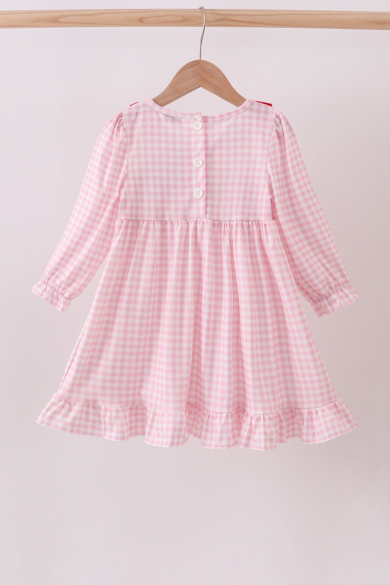 Pink bow embroidery gingham ruffle dress