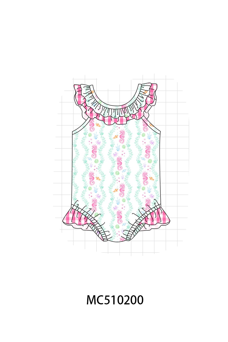 PO71 Pink seahorses print ruffle swimsuit collection