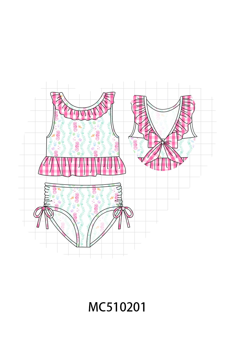 PO71 Pink seahorses print ruffle swimsuit collection