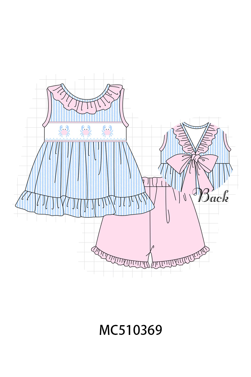 PO71 Blue crab embroidery seersucker stripe collection