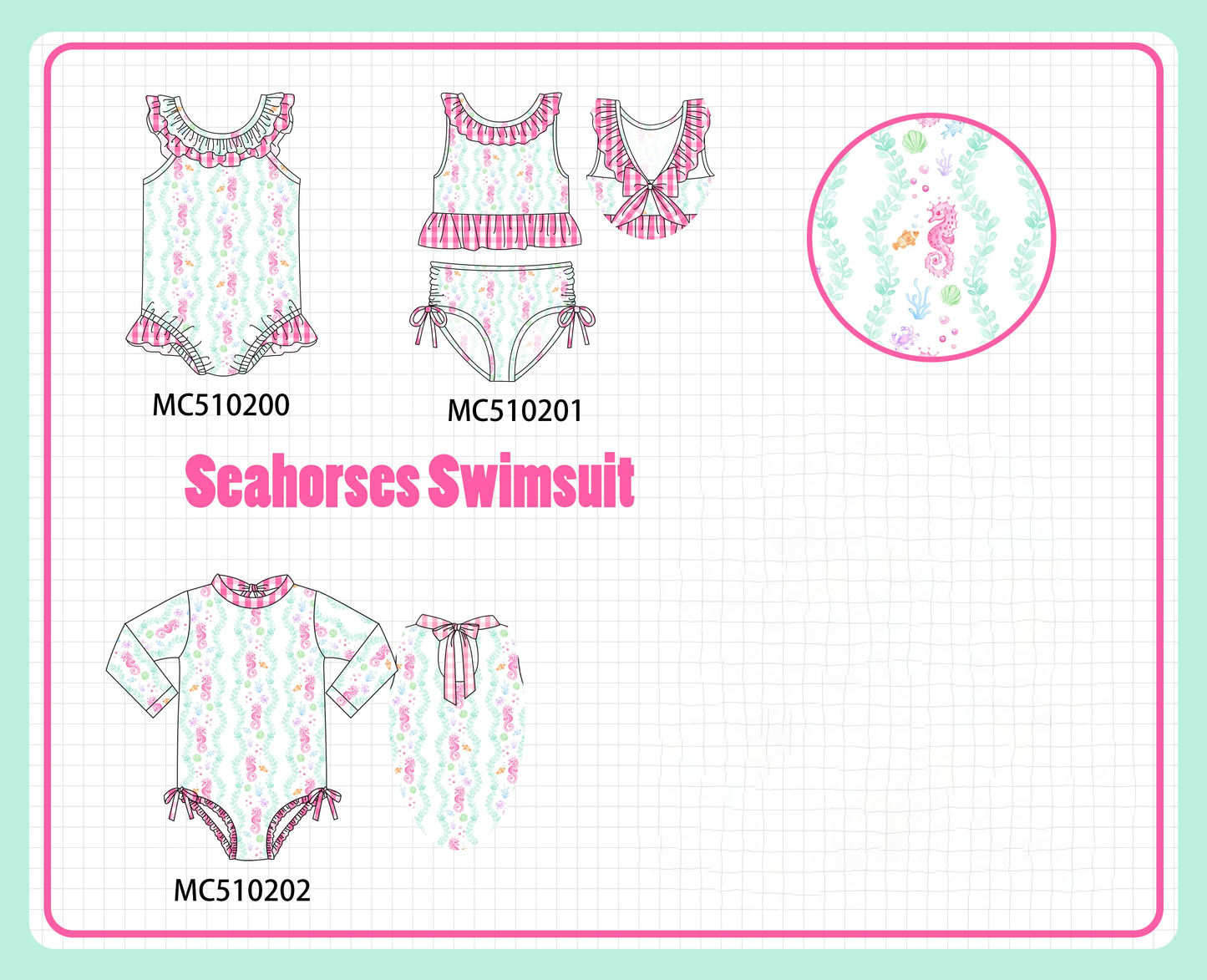 PO71 Pink seahorses print ruffle swimsuit collection